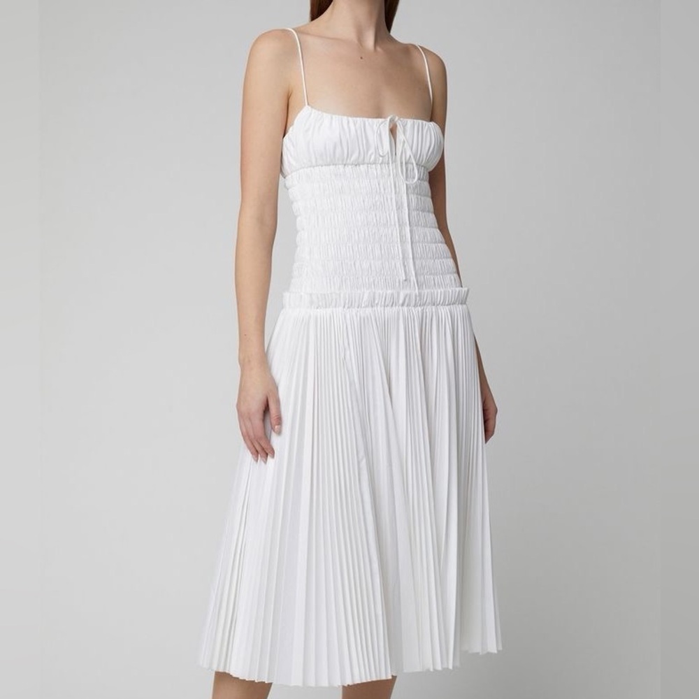KHAITE Delphine White Pleated Midi Dress